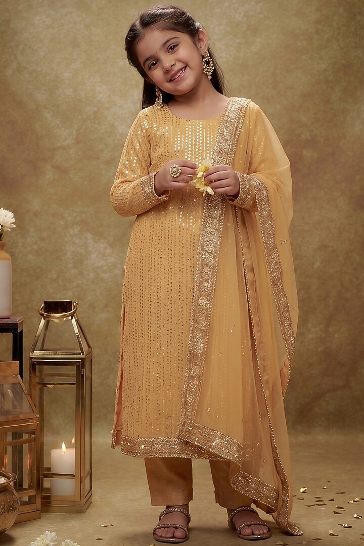 Champagne Gold Viscose Georgette Thread Embroidered Kurta Set For Girls by Starflower by Renee Label at Pernia's Pop Up Shop