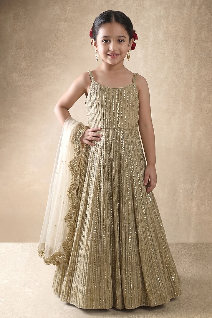 Champagne Gold Viscose Georgette Thread Embroidered Anarkali Set For Girls by Starflower by Renee Label at Pernia's Pop Up Shop