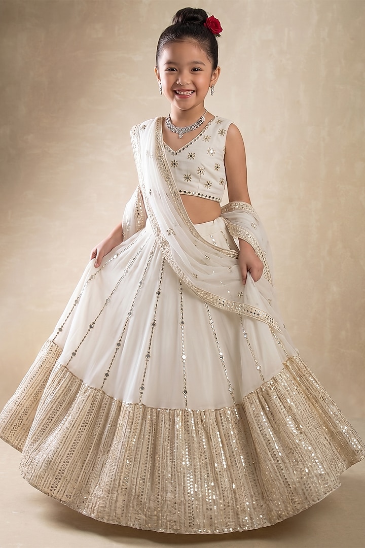 White Viscose Georgette Mirror Embroidered Lehenga Set For Girls by Starflower by Renee Label at Pernia's Pop Up Shop
