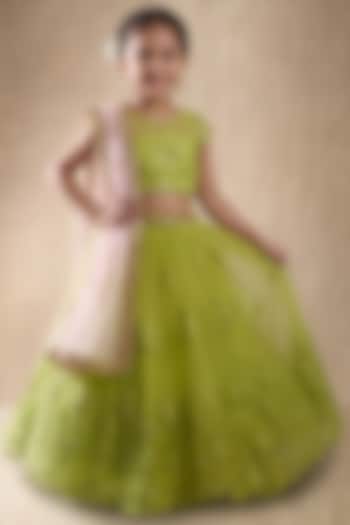 Leaf Green Net Sequins Embroidered Lehenga Set For Girls by Starflower by Renee Label at Pernia's Pop Up Shop
