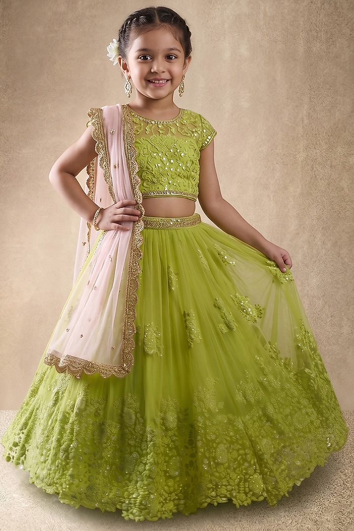 Leaf Green Net Sequins Embroidered Lehenga Set For Girls by Starflower by Renee Label at Pernia's Pop Up Shop