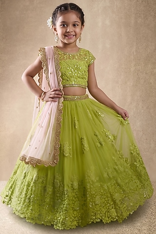 Leaf Green Net Sequins Embroidered Lehenga Set For Girls by Starflower by Renee Label