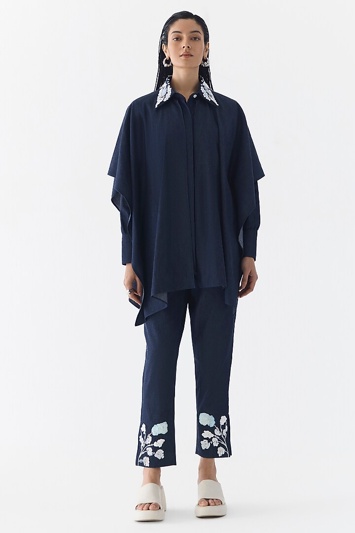 Dark Blue Cotton Denim Sequin Embroidered Co-Ord Set by Studio Rigu at Pernia's Pop Up Shop