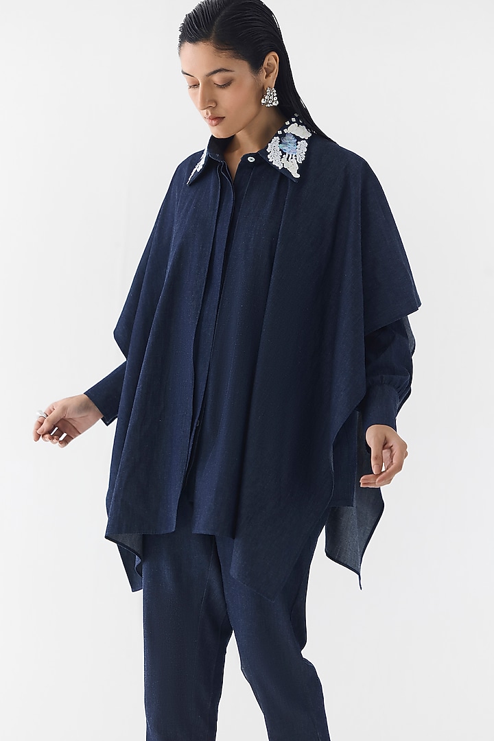 Dark Blue Cotton Denim Sequin Embroidered Co-Ord Set by Studio Rigu at Pernia's Pop Up Shop