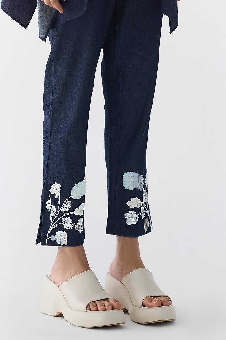 Dark Blue Cotton Denim Sequin Embroidered Co-Ord Set by Studio Rigu at Pernia's Pop Up Shop