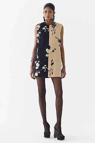 Black & Cream Vegan Silk Floral Printed Mini Dress by Studio Rigu