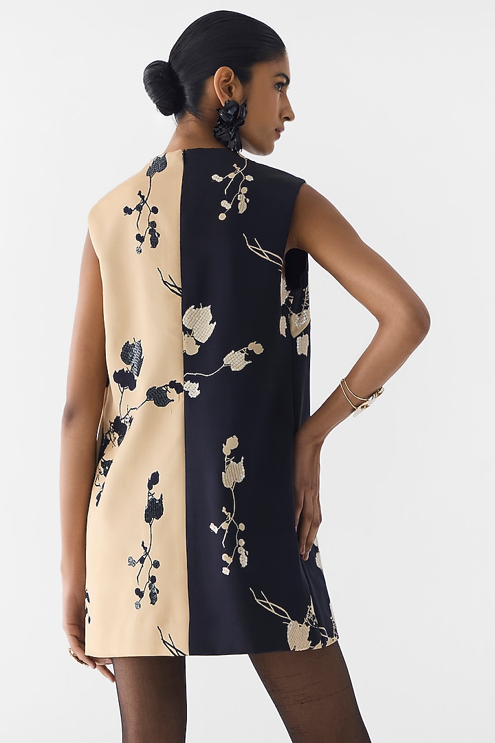 Black & Cream Vegan Silk Floral Printed Mini Vacation Dress by Studio Rigu at Pernia's Pop Up Shop