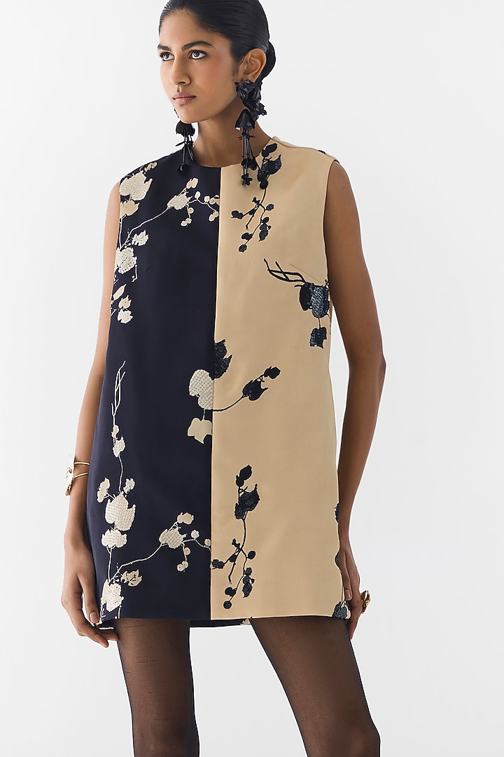 Black & Cream Vegan Silk Floral Printed Mini Vacation Dress by Studio Rigu at Pernia's Pop Up Shop