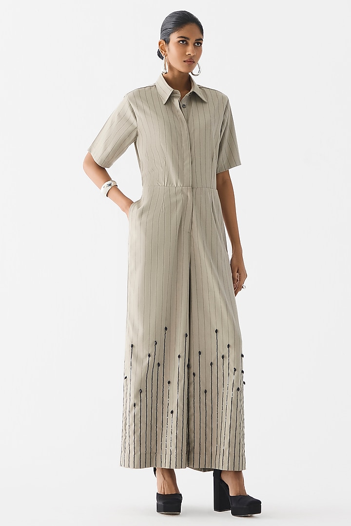 Cream Suiting Sequin Embroidered Jumpsuit by Studio Rigu at Pernia's Pop Up Shop