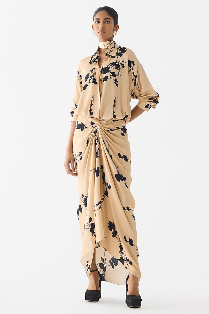 Cream Vegan Silk Floral Printed Shirt Vacation Dress by Studio Rigu at Pernia's Pop Up Shop