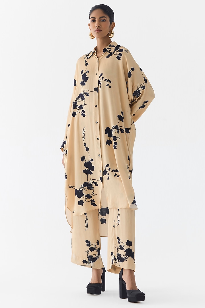 Cream Vegan Silk Floral Printed Co-Ord Set by Studio Rigu at Pernia's Pop Up Shop