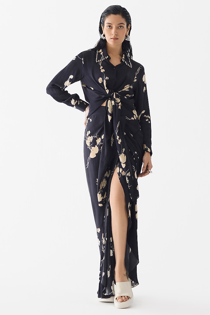 Black Vegan Silk Floral Printed Co-Ord Set by Studio Rigu at Pernia's Pop Up Shop