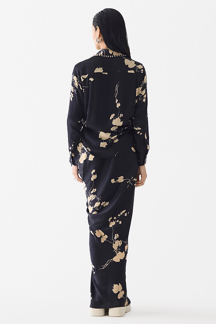 Black Vegan Silk Floral Printed Co-Ord Set by Studio Rigu at Pernia's Pop Up Shop