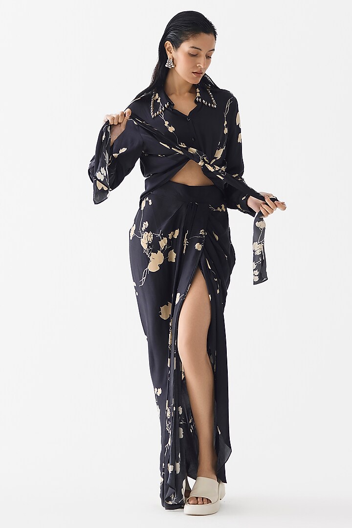 Black Vegan Silk Floral Printed Co-Ord Set by Studio Rigu at Pernia's Pop Up Shop