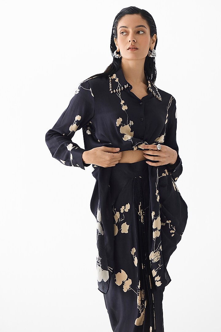 Black Vegan Silk Floral Printed Co-Ord Set by Studio Rigu at Pernia's Pop Up Shop