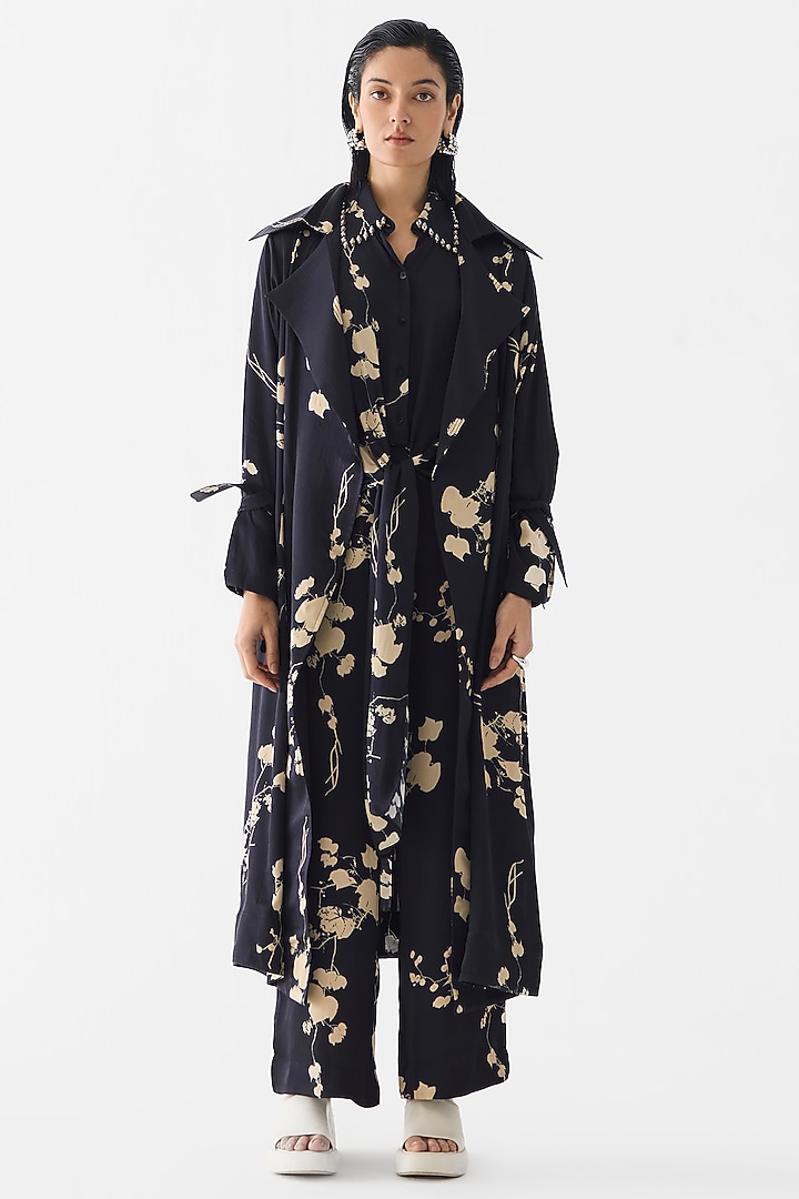 Black & Cream Vegan Silk Floral Printed Co-Ord Set by Studio Rigu at Pernia's Pop Up Shop