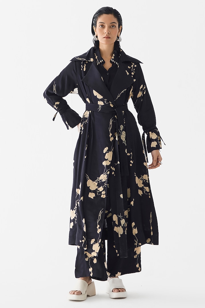 Black & Cream Vegan Silk Floral Printed Co-Ord Set by Studio Rigu at Pernia's Pop Up Shop