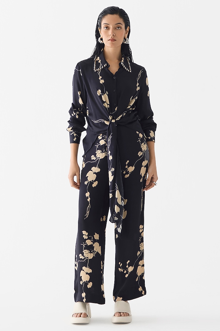 Black Vegan Silk Floral Printed Co-Ord Set by Studio Rigu at Pernia's Pop Up Shop