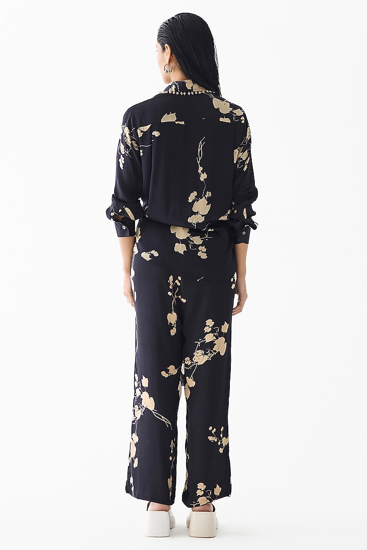 Black Vegan Silk Floral Printed Co-Ord Set by Studio Rigu at Pernia's Pop Up Shop