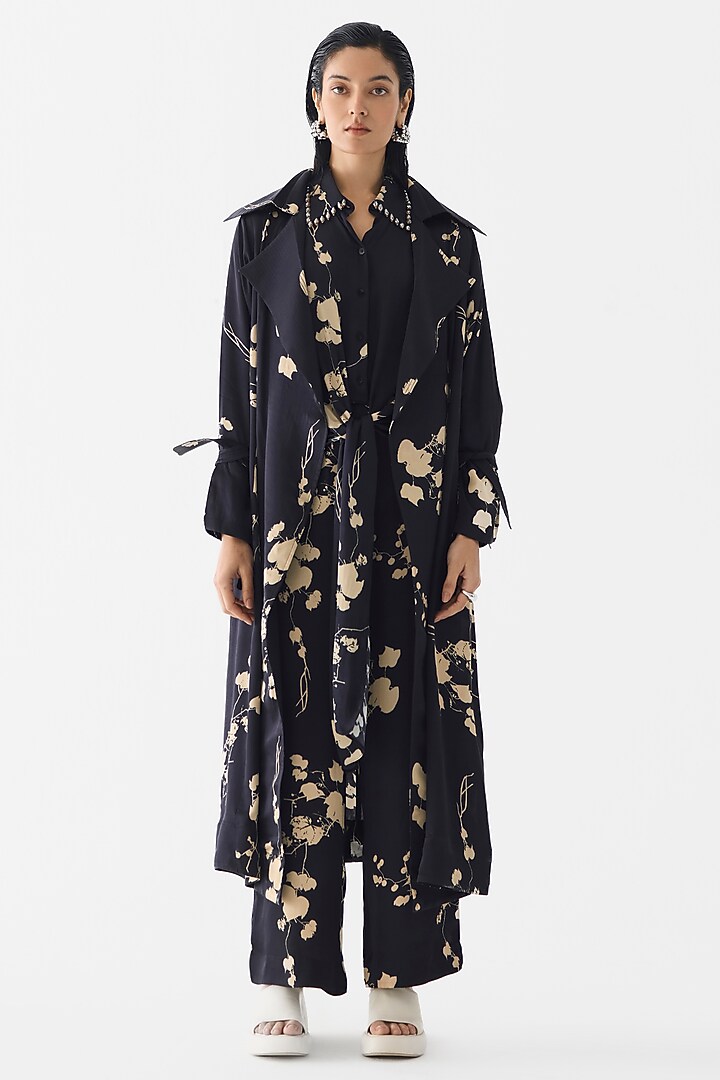Black Vegan Silk Floral Printed Co-Ord Set by Studio Rigu at Pernia's Pop Up Shop