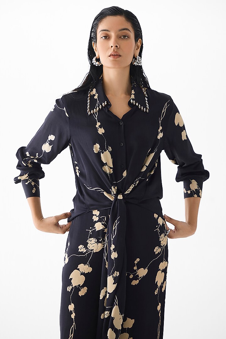 Black Vegan Silk Floral Printed Co-Ord Set by Studio Rigu at Pernia's Pop Up Shop