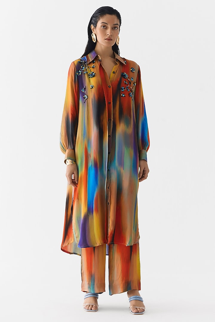 Multi-Colored Vegan Silk Brushstroke Printed Co-Ord Set by Studio Rigu at Pernia's Pop Up Shop