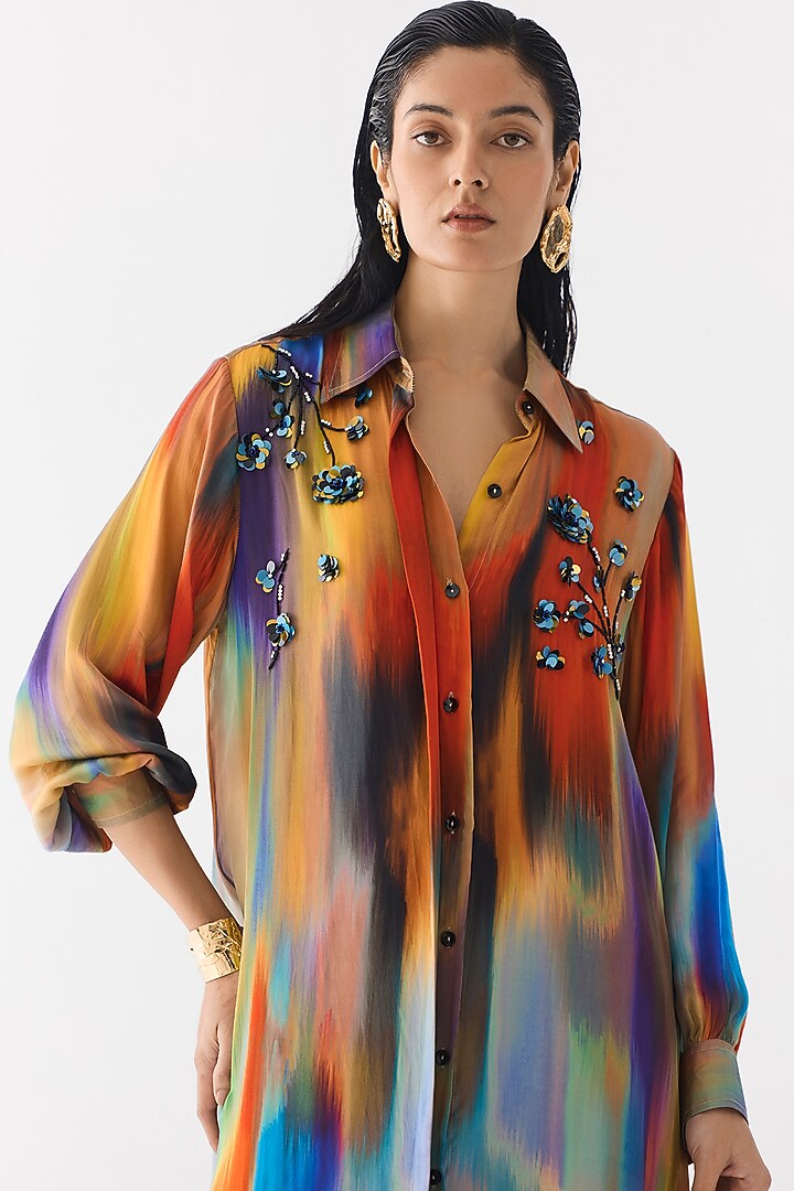 Multi-Colored Vegan Silk Brushstroke Printed Co-Ord Set by Studio Rigu at Pernia's Pop Up Shop