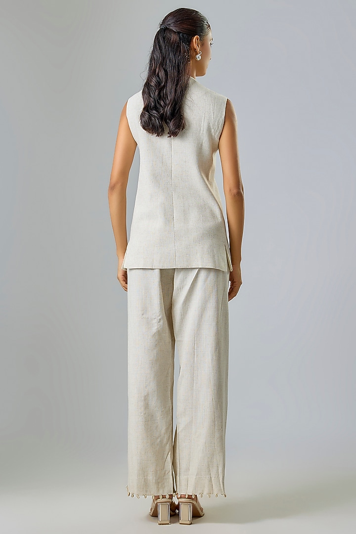 Natural Beige Linen Hand Embroidered Blazer Set by Studio Rigu at Pernia's Pop Up Shop