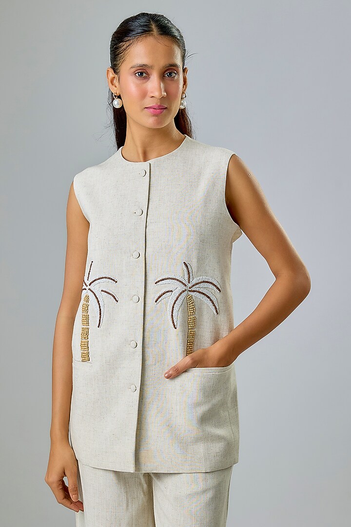 Natural Beige Linen Hand Embroidered Blazer Set by Studio Rigu at Pernia's Pop Up Shop