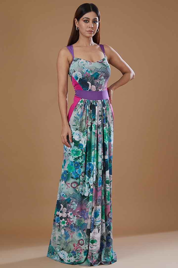 Blue Spandex Floral Printed Gown by Siddartha Tytler