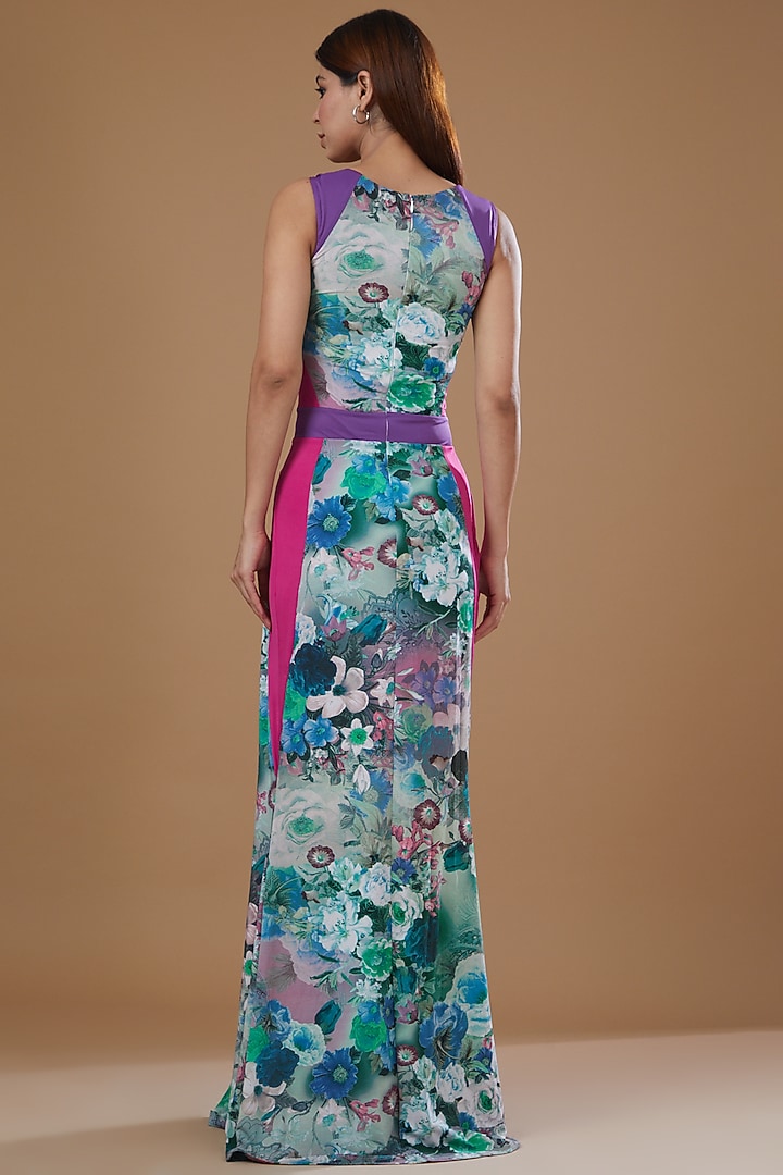 Blue floral printed panelled gown available only at Pernia's Pop-Up Shop.