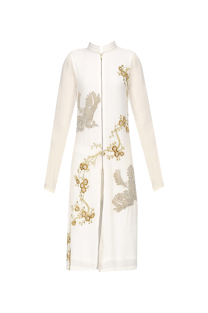 Ivory Floral Beads Embroidered Straight Kurta by Siddartha Tytler