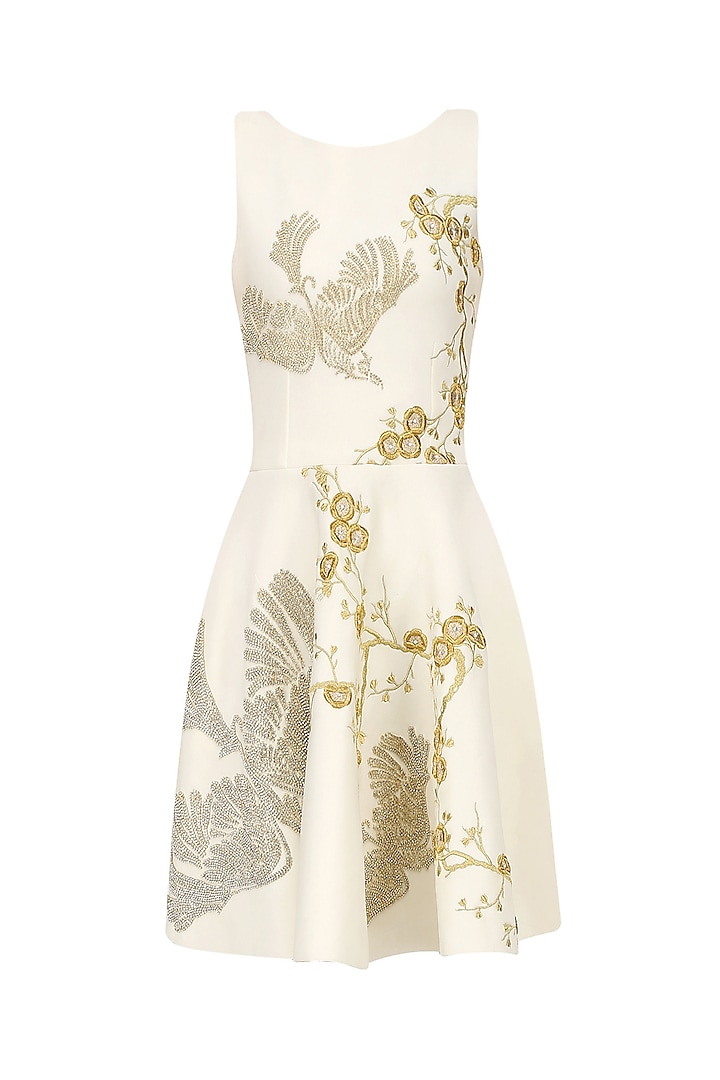 Ivory and Gold Floral Embroidered Fit and Flared Dress by Siddartha Tytler