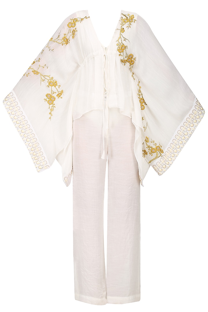Ivory and Gold Gold Cherry Blossoms Kaftan Top by Siddartha Tytler