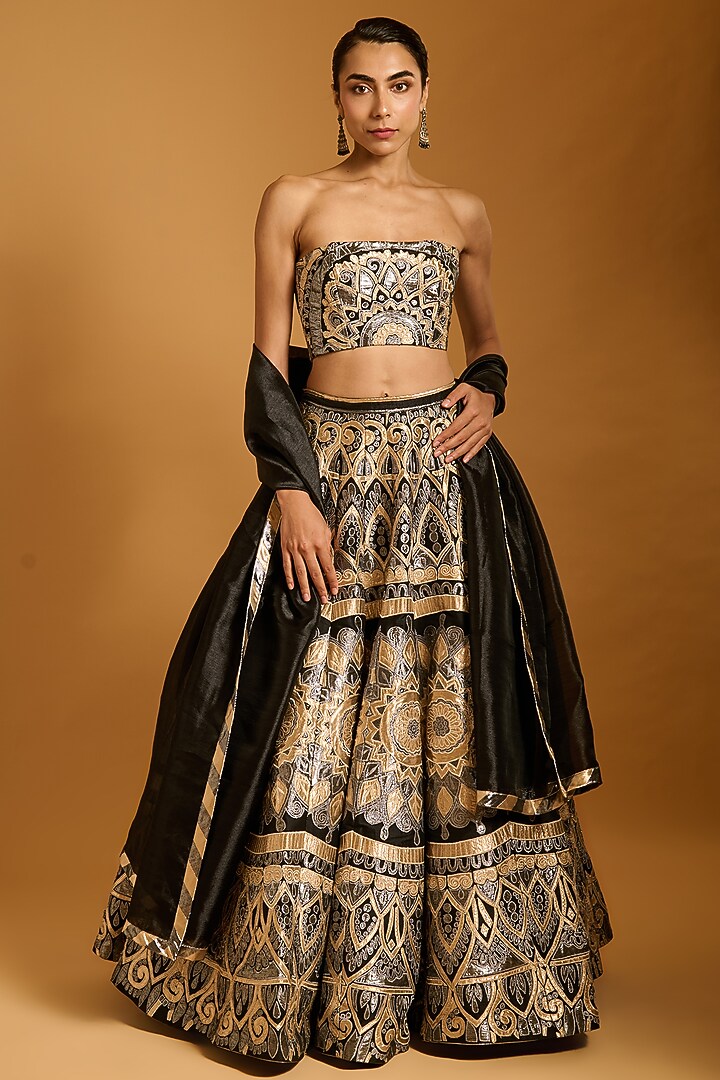 Black Raw Silk & Dupion Bridal Lehenga Set by Siddartha Tytler at Pernia's Pop Up Shop