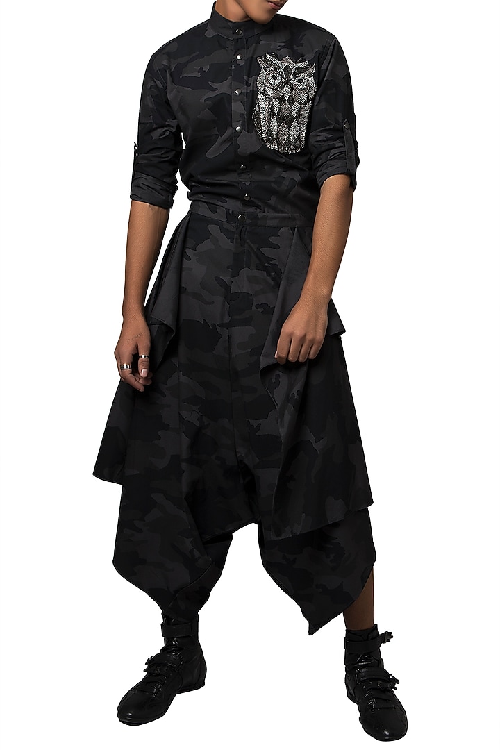 Black & Grey Camo Printed Crystal Owl Wedding Shirt by Siddartha Tytler Men at Pernia's Pop Up Shop