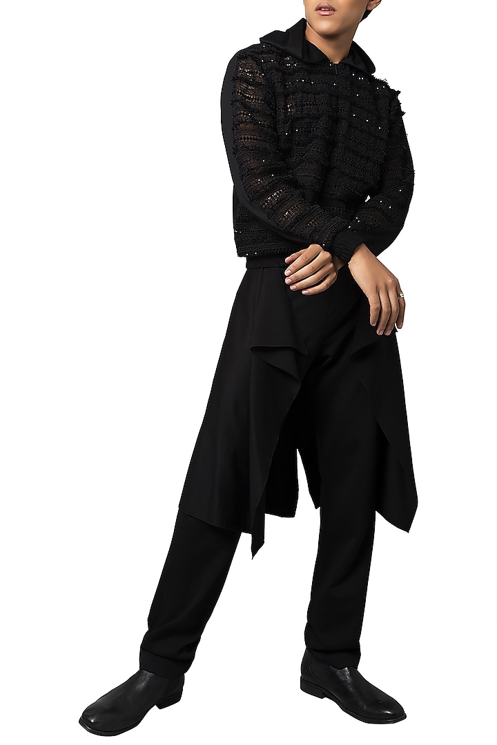 Black Crochet & Embellished Hoodie Jacket by Siddartha Tytler Men