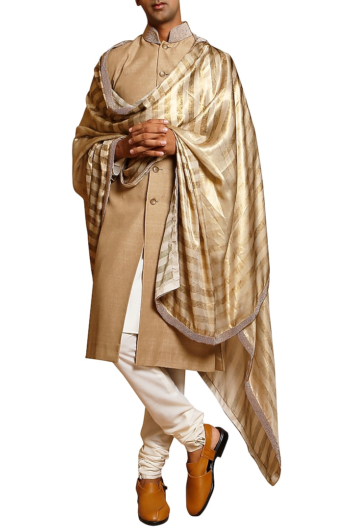 Beige Printed Pearl Wedding Sherwani Set by Siddartha Tytler Men at Pernia's Pop Up Shop