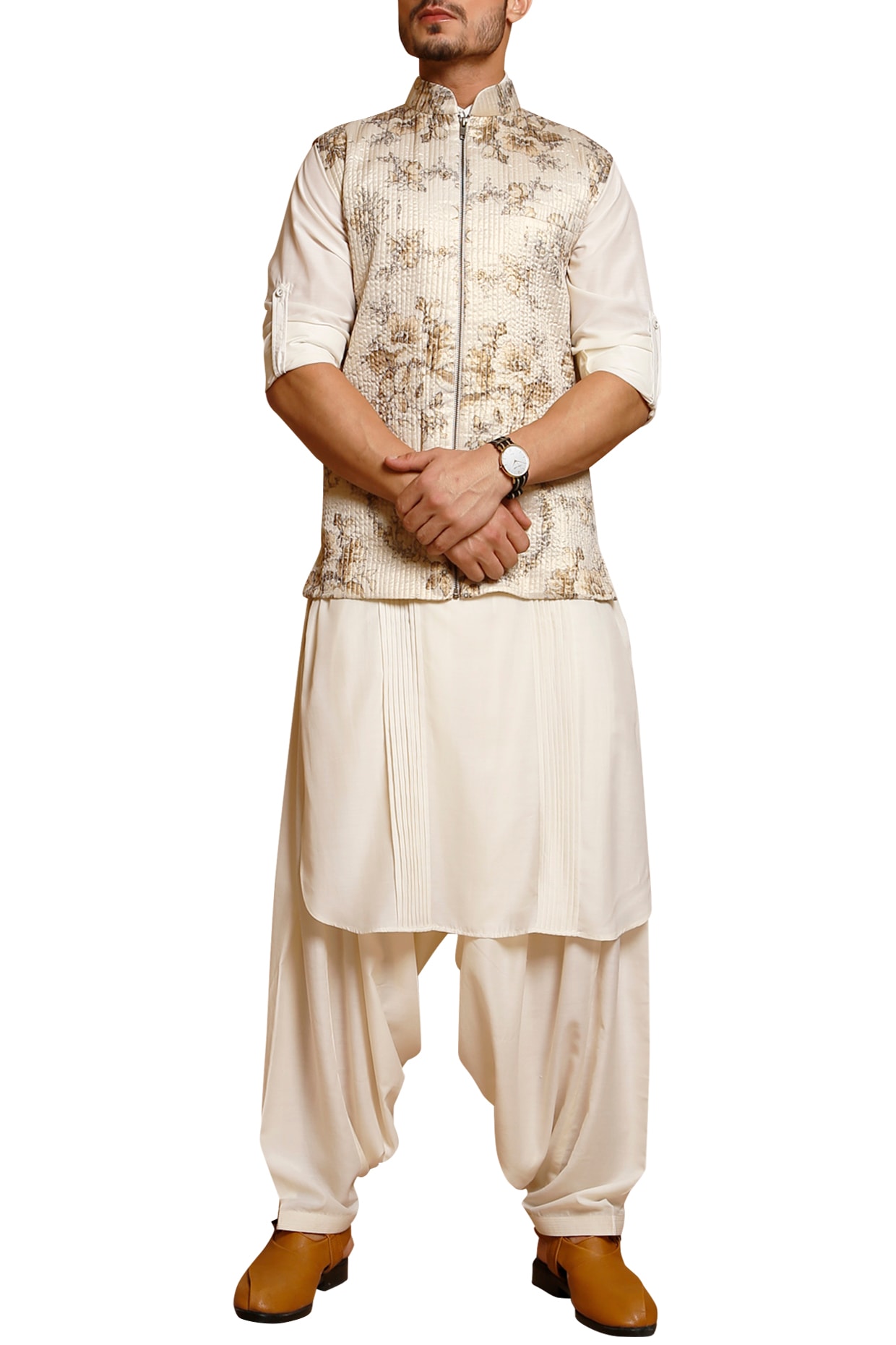 White Patch Work Readymade Pathani Suit Latest 592MW01
