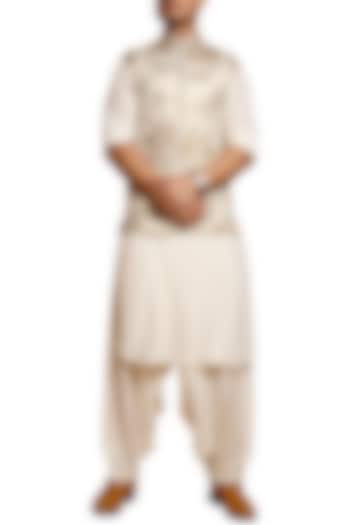 Ivory Pintuck Pathani Suit by Siddartha Tytler Men