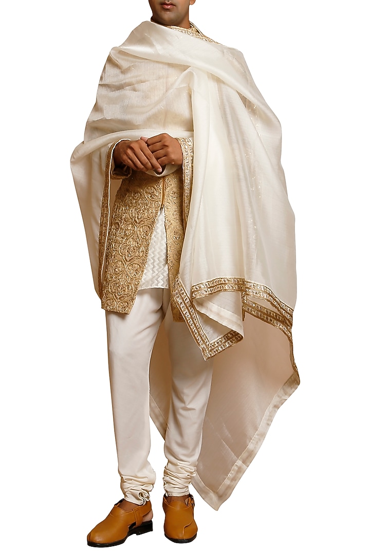 Beige Embroidered Silk Groom Sherwani Set by Siddartha Tytler Men at Pernia's Pop Up Shop