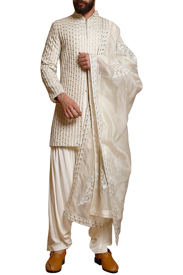 Ivory Silk Sherwani Set by Siddartha Tytler Men