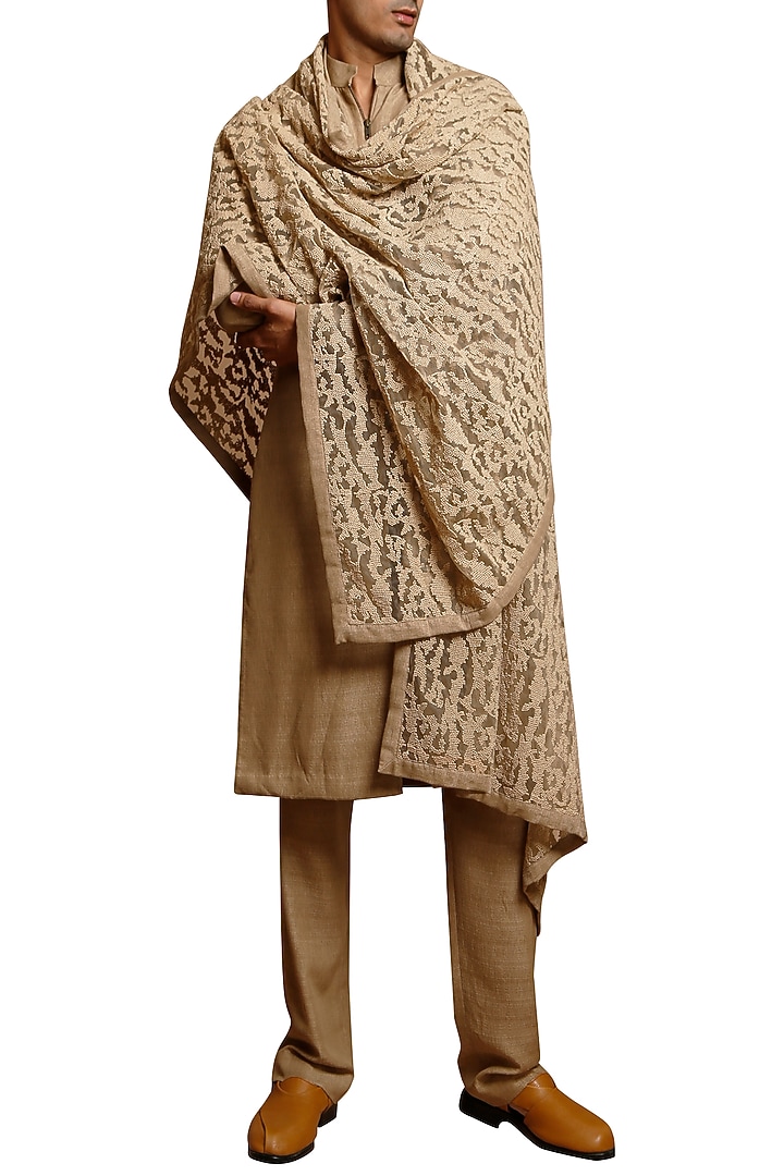 Beige French Knotted Wedding Sherwani Set by Siddartha Tytler Men at Pernia's Pop Up Shop