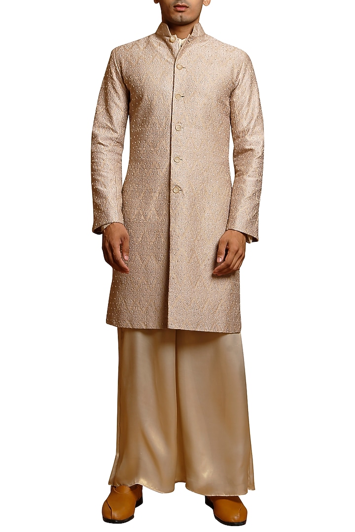 Beige Crystal Embroidered Wedding Sherwani Set by Siddartha Tytler Men at Pernia's Pop Up Shop