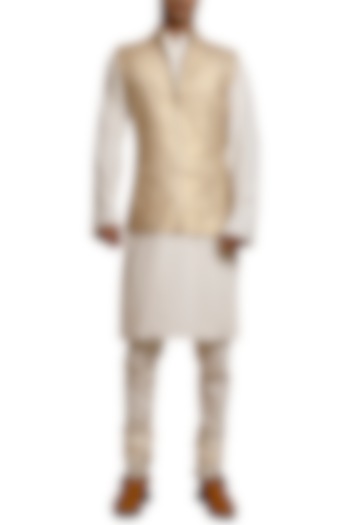 Light Gold Laser Strip Worked Waistcoat by Siddartha Tytler Men at Pernia's Pop Up Shop