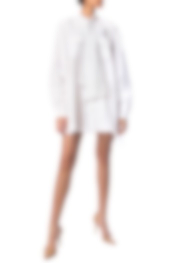 White Oversized Shirt Dress with Polka Dotted Crystal Bow by Siddartha Tytler