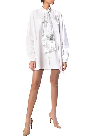 White Oversized Shirt Dress with Polka Dotted Crystal Bow by Siddartha Tytler