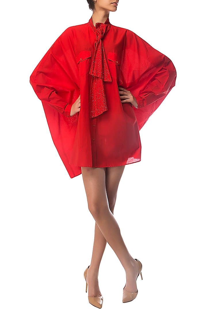Red Oversized Shirt Dress with Polka Dotted Crystal Bow by Siddartha Tytler