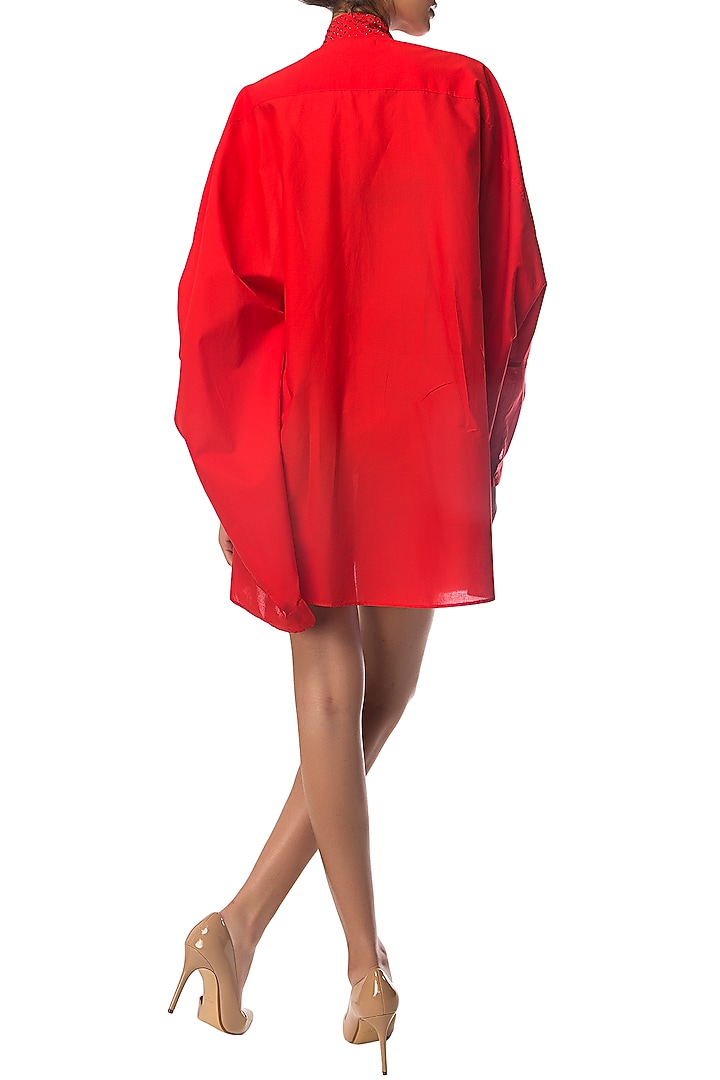 Red oversized shirt dress with polka dotted crystal bow available only at Pernia's Pop Up Shop.