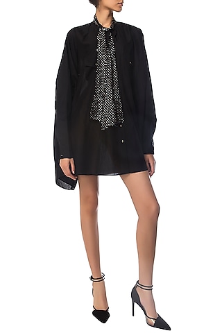 Black Oversized Shirt Dress with Polka Dotted Crystal Bow by Siddartha Tytler